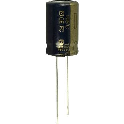 A cylindrical electrolytic capacitor with two metal leads. Markings on the side indicate specifications and a temperature limit of 105°C.