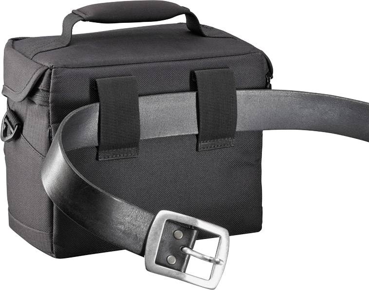 A black bag with a belt wrapped around it. The belt has a silver buckle.
