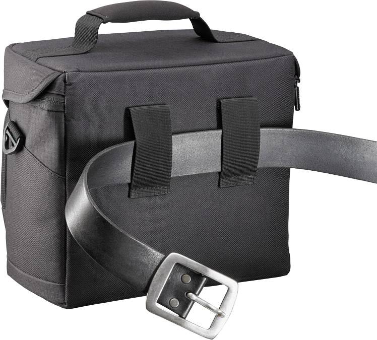 A black bag with a strap threaded through two loops on the front. The bag has a handle at the top.