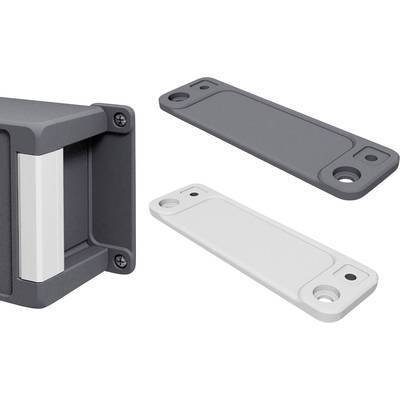 Grey and white plates with rounded corners, part of a modular housing system with screw holes in each corner.
