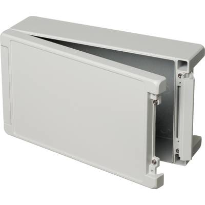 Grey rectangular enclosure, partially open, showing internal compartments and mounting points. Used for secure electronic storage.