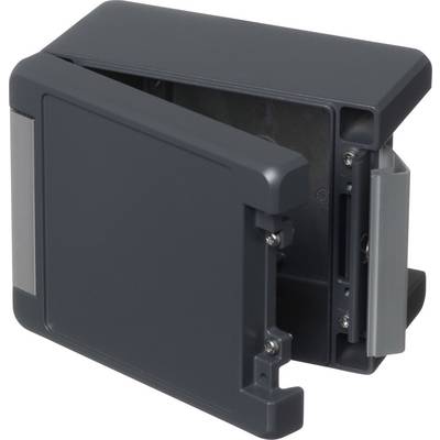 Dark, open wall-mounted cabinet with metal components, suitable for storing keys or small items.