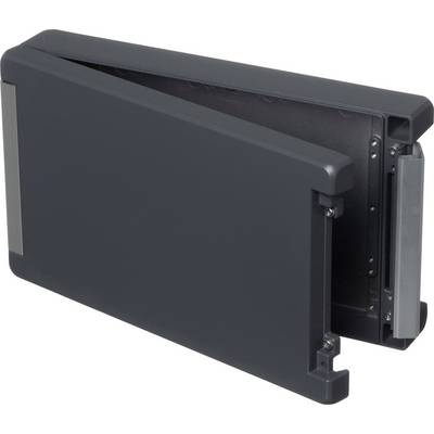 A black, foldable plastic casing with rounded corners, shown in an open position.
