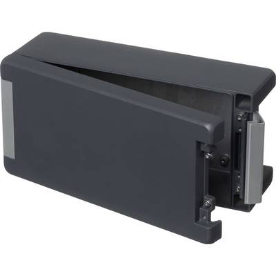 An open, rectangular, grey case with a hinge, likely used for storing small items or devices.