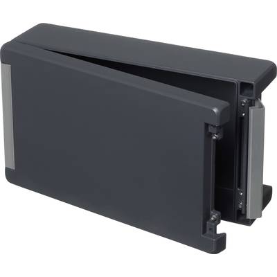 A closed black laptop with rounded corners and a silver stripe along the side.
