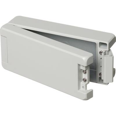 A rectangular, grey, open plastic container with metal hinges that could house technical components.