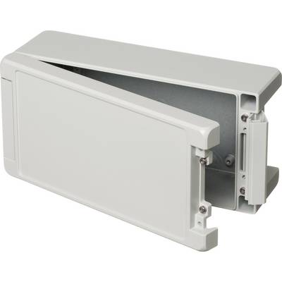 A grey, rectangular enclosure with two removable covers. Suitable for electronic components or circuits.