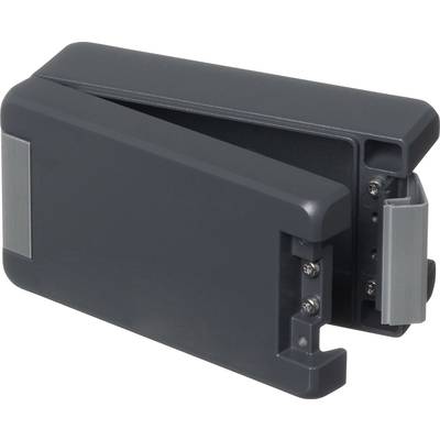 A black, rectangular object with silver edges, resembling a holder or clip, is resting on a white background.