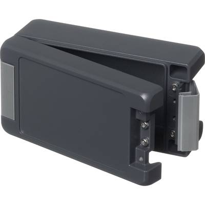 A black, rectangular mounting bracket with two side clamps, likely used for securing or fastening devices.