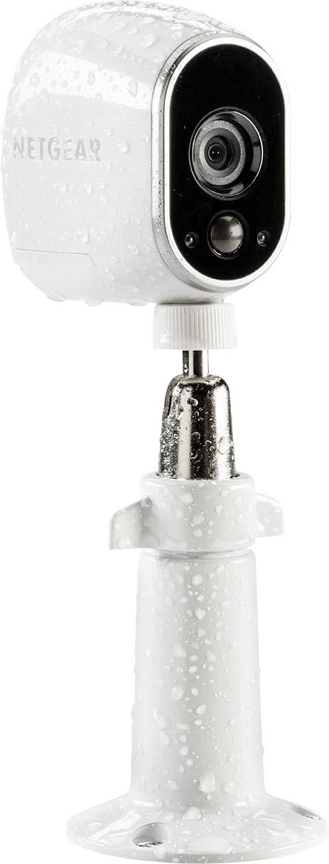 White surveillance camera with water droplets on its surface, mounted on a white pole. It is splash-proof.