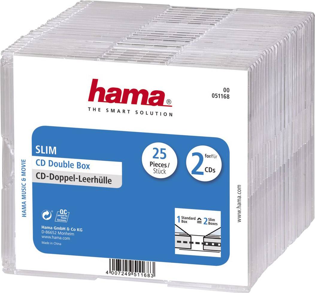 Hama CD box 2 CDs/DVDs/Blu-rays Polystyrene Transparent 25 pc(s) (W x H x D) 125 x 142 x 5.2 mm 00051168