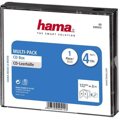 Hama CD Jewel Case with Space for 4 CDs. Packaging displays product information and contact details of the manufacturer Hama GmbH.
