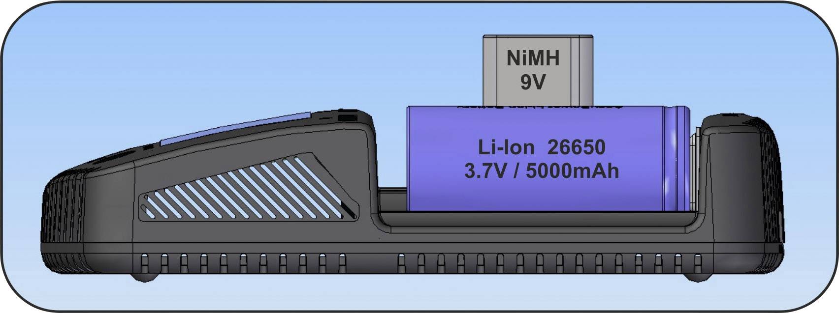 A charger with a lithium-ion battery '26650, 3.7V, 5000mAh' and a NiMH battery '9V', being charged side by side.