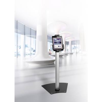 A tablet on a stand in a modern, white room. Large windows and futuristic columns are visible in the background.
