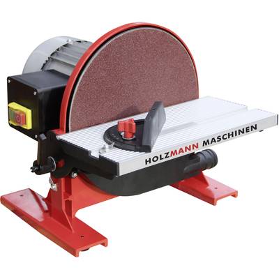 Grinding machine with a red casing and metal grinding plate by the brand 'Holzmann Machines'. It is used for sharpening and smoothing.