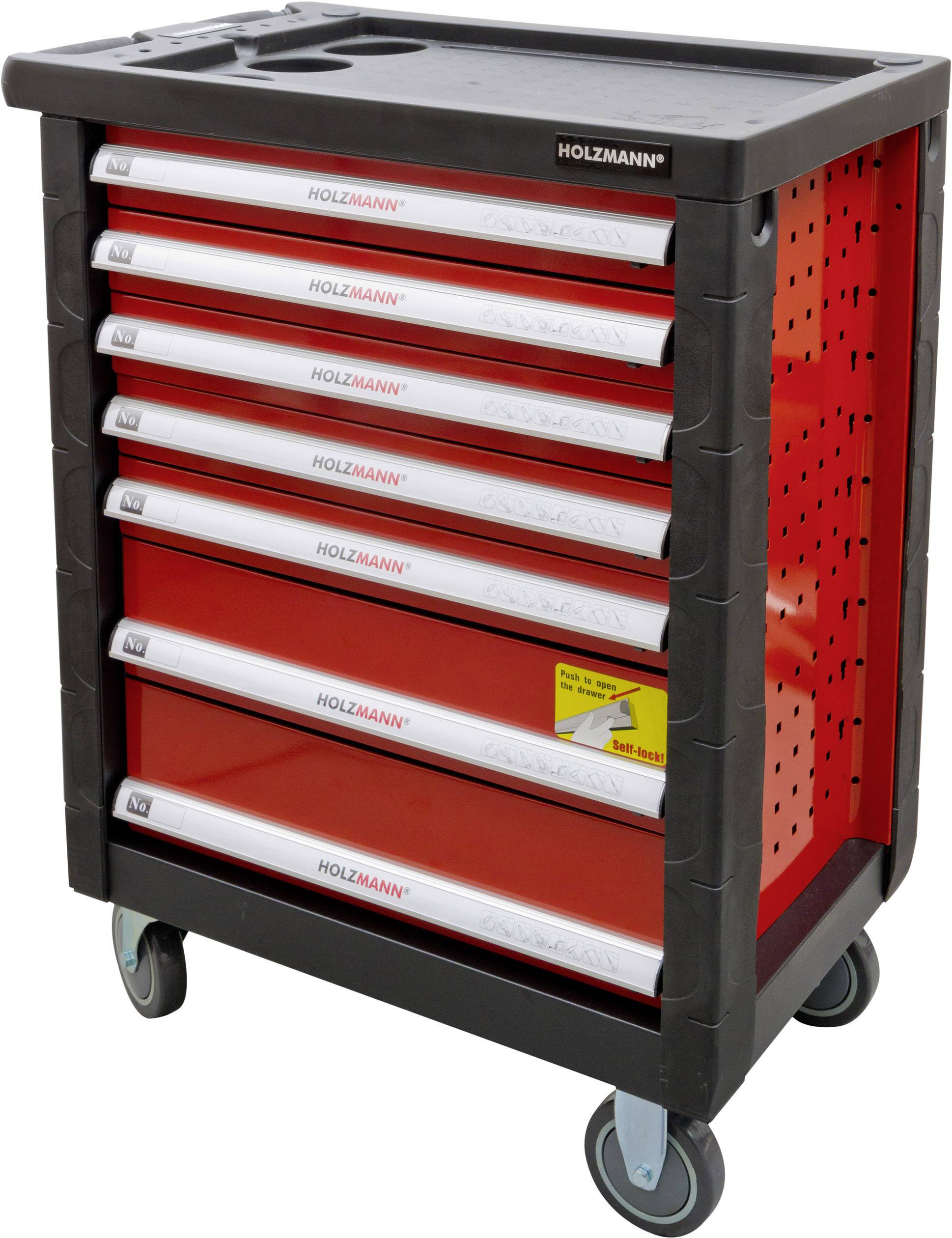 Tool trolley with seven red drawers on wheels, each drawer featuring the 'Holzmann' logo. Ideal for mobile tool storage.