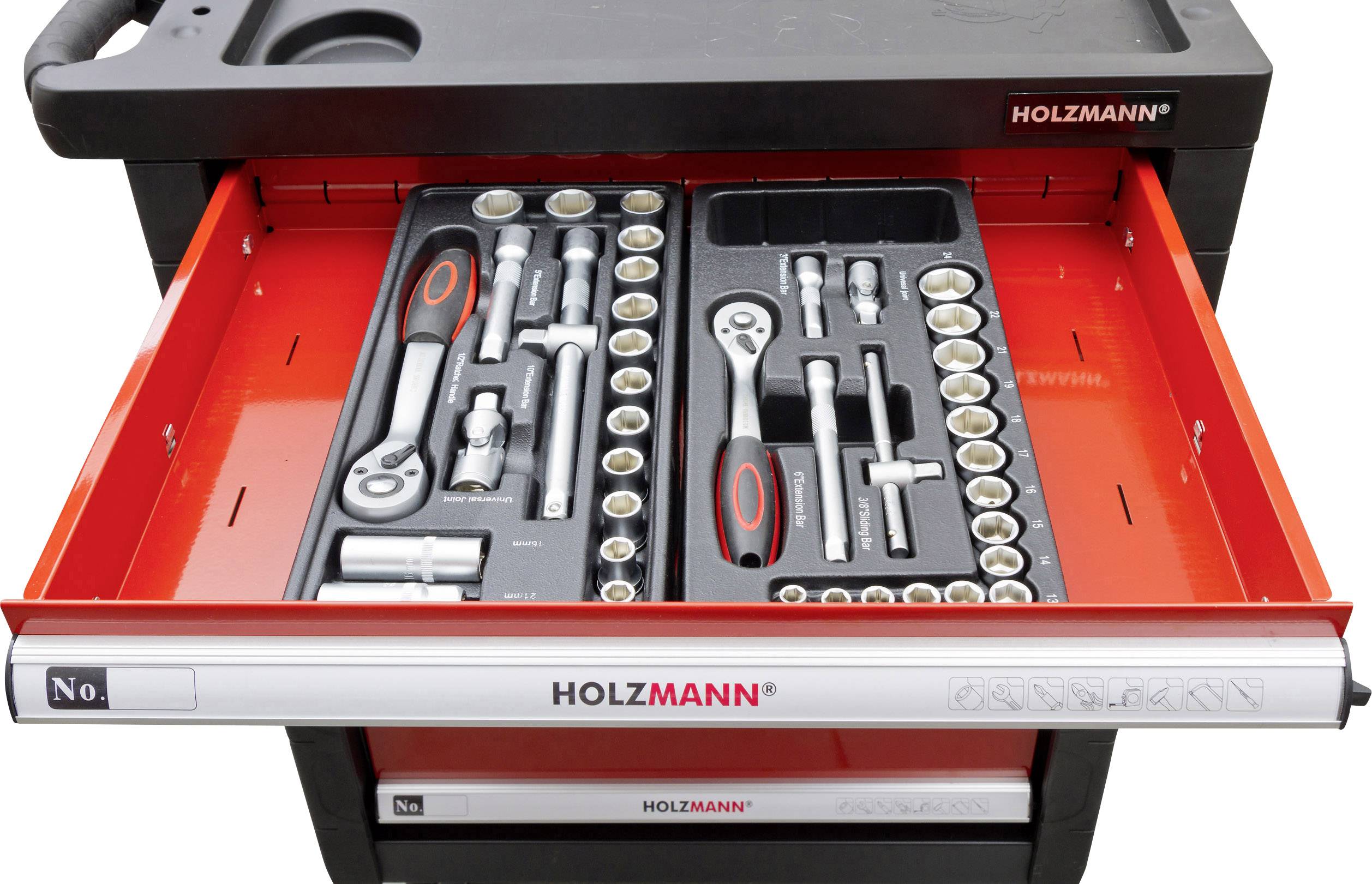 'HOLZMANN toolbox' with an open compartment displaying a range of socket wrenches, screwdrivers, and tools.