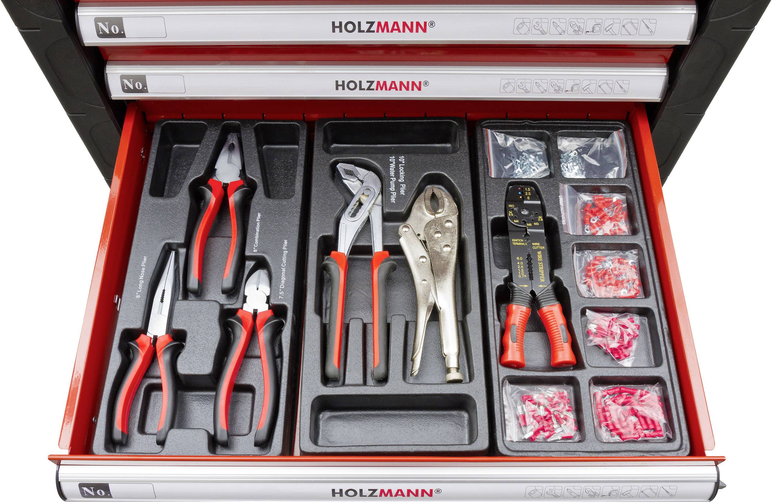 Open drawer with various hand tools and accessories. Tools are sorted in an organiser.