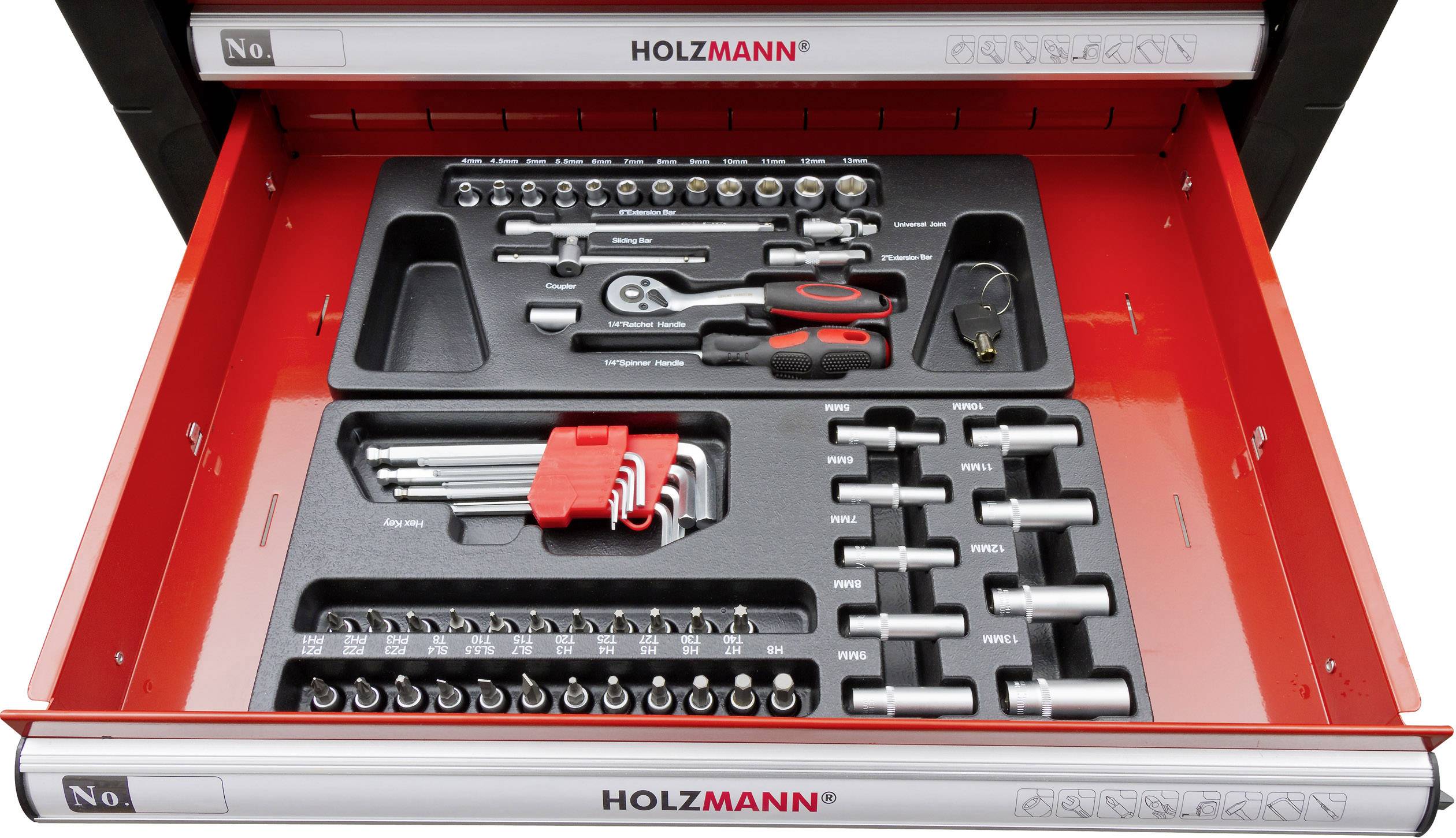 An opened toolbox by HOLZMANN displays various socket wrench sets, ratchets and screwdrivers, neatly arranged.