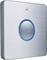 A modern light switch with a metallic surface, blue illumination ring and small red indicator at the top.