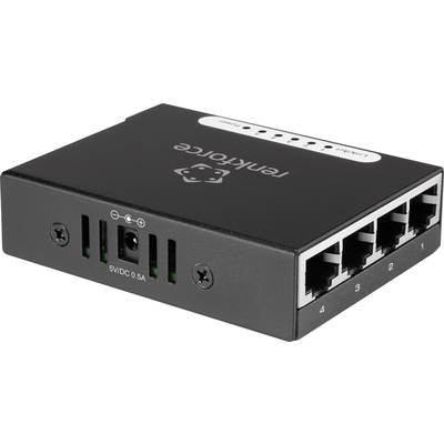 Black network switch with five Ethernet ports and power connection.