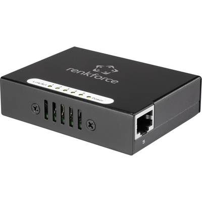'Renkforce' Ethernet hub with five ports, LED status indicators and a network connection on the side. Black, rectangular casing.
