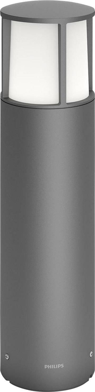 A contemporary, cylindrical outdoor light with a matte, dark grey housing and a white, diffused illumination section on top. Suitable for garden pathways.