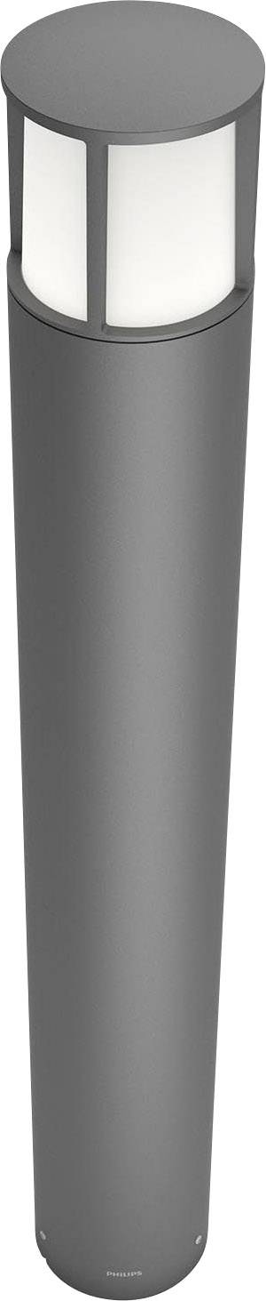 A modern, grey standing lamp with a cylindrical body and a luminous, rounded head, suitable for outdoor areas.