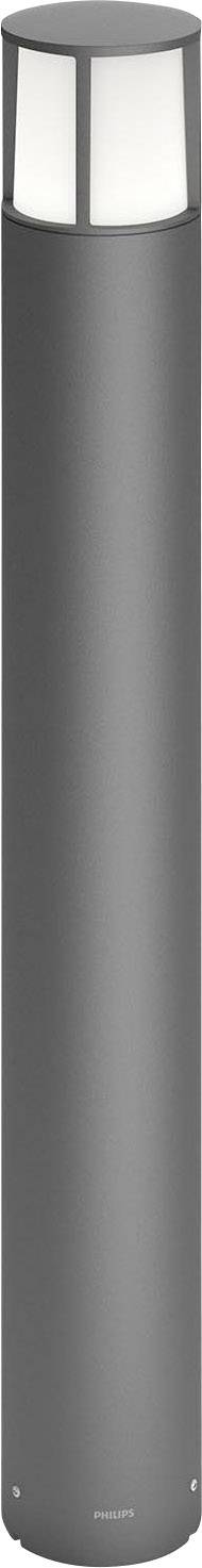 Grey, cylindrical outdoor light with an illuminated head. Ideal for positioning along garden paths or driveways.