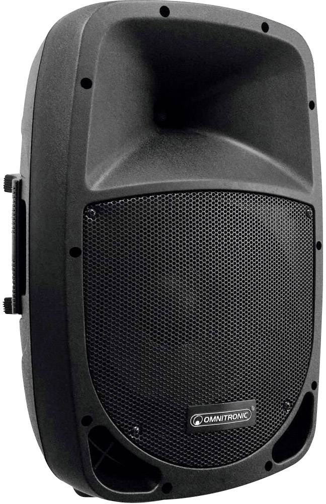 Black loudspeaker with grille cover by Omnitronic, suitable for sound reinforcement purposes.