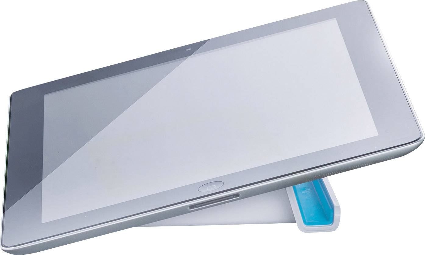 Tablet viewed from the side, positioned on a blue stand.