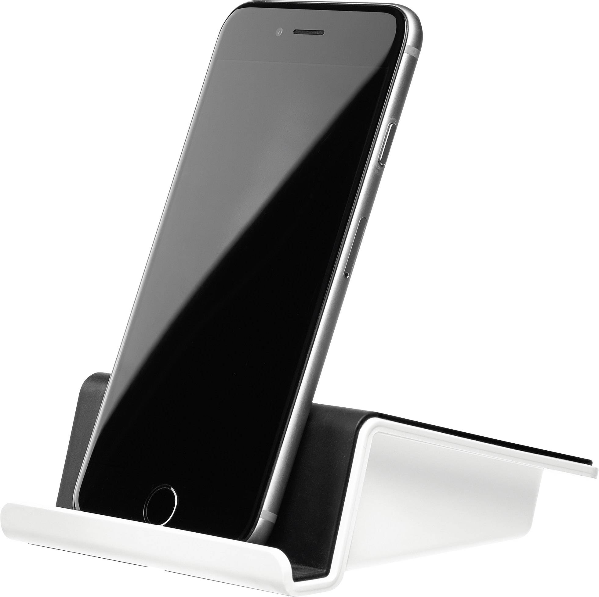 A black smartphone on a white stand, screen turned off, slightly tilted backwards. The stand is sleek and minimalist.