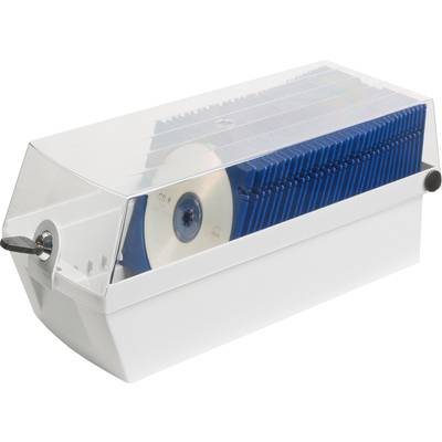 A transparent CD organiser with blue holders displays CDs neatly arranged.
