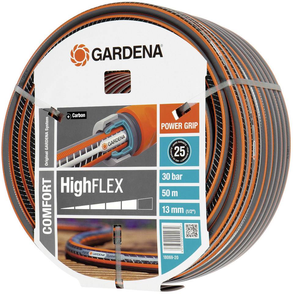 'Gardena HighFLEX Hose', black-orange, 30 bar, 50 m long, 13 mm diameter. Label with 'Power Grip' and Carbon technology.