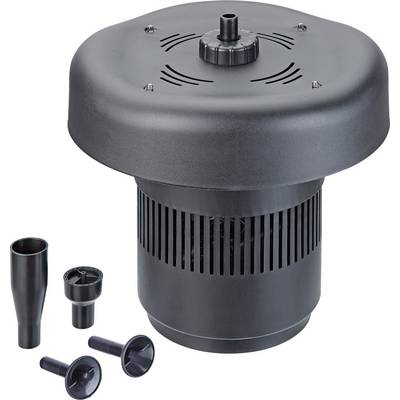 Black pond pump with multiple nozzle attachments for regulating water flow in fountains and ponds.