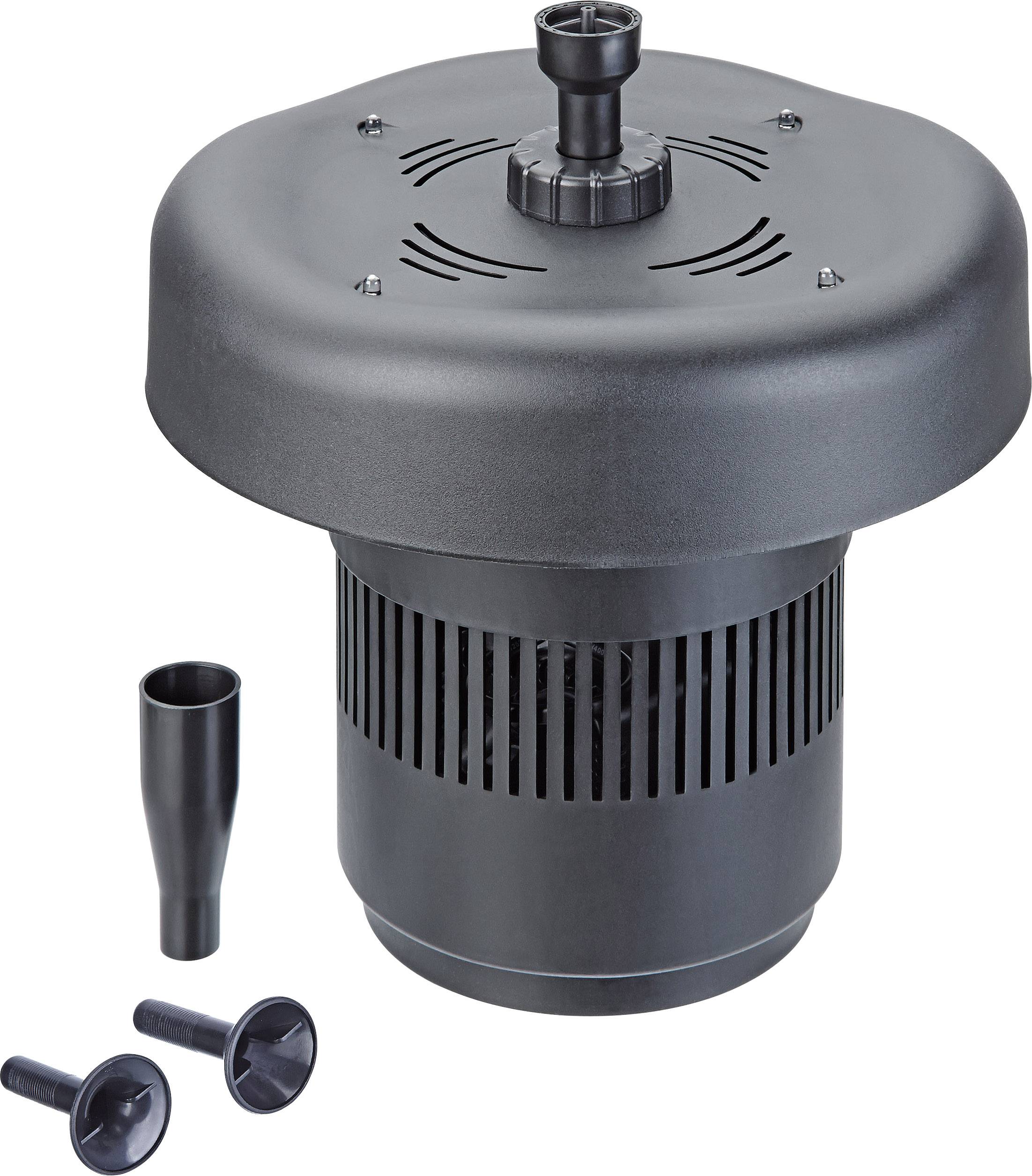 Black pond filter with multiple water jet attachments for water features, designed for cleaning and circulating pond water.