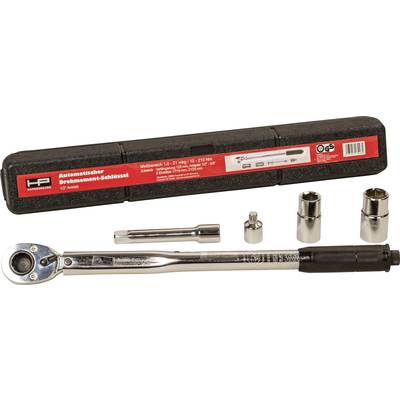 Automatic torque wrench with accessories, including sockets, in a black case. Measuring range 10-210 Nm.
