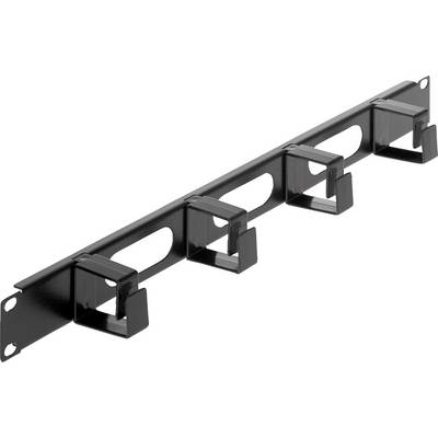 A black wire management patch panel with multiple hooks for cable organisation, suitable for use in server racks.
