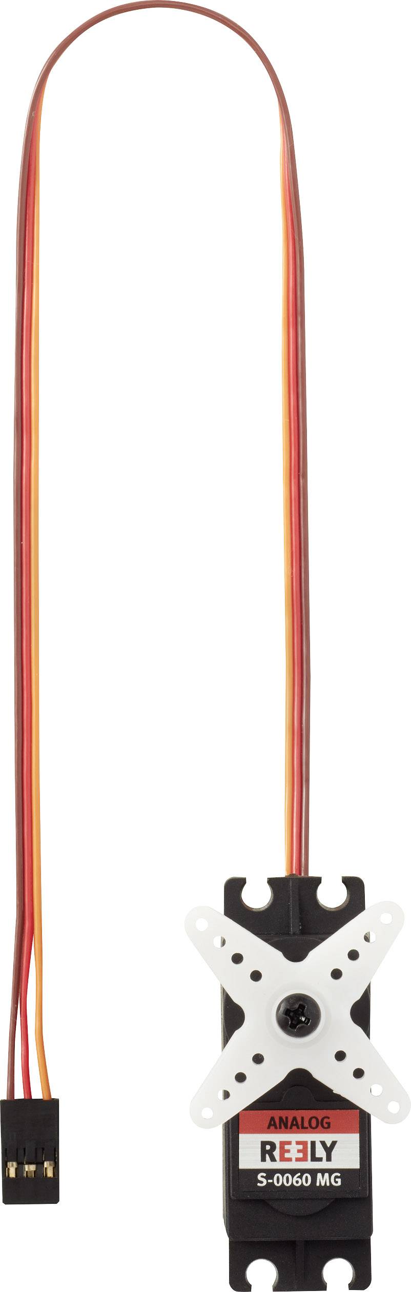 Analogue Reely S-0506 MG Servomotor, black, with red and yellow cables and a white cross arm visible at the front.