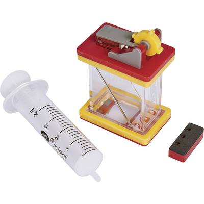 A syringe and a physical experiment kit made of red and yellow plastic, suitable for scientific experiments.