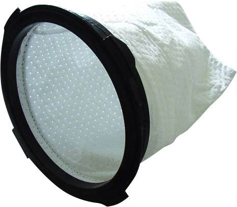 A round, black frame holds a white, perforated filter bag. The filter is suitable for industrial or domestic applications.