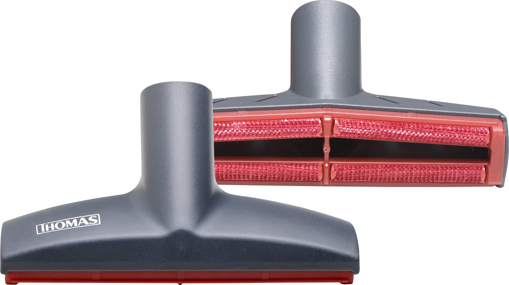 Two vacuum cleaner nozzles, grey with red bristles, brand 'Thomas'. One is shown frontally, the other displays the underside.
