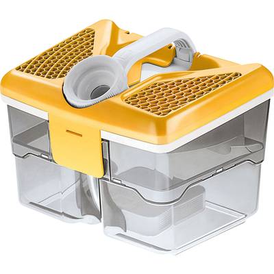 Transparent, two-compartment storage box with a yellow, perforated lid and carrying handle, suitable for storing small items.