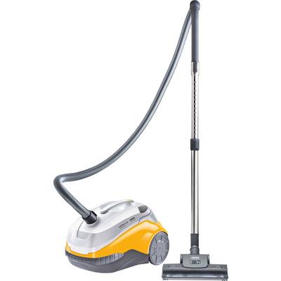 A modern, two-tone (yellow-white) vacuum cleaner with a long hose and metal tube, suitable for floor cleaning.