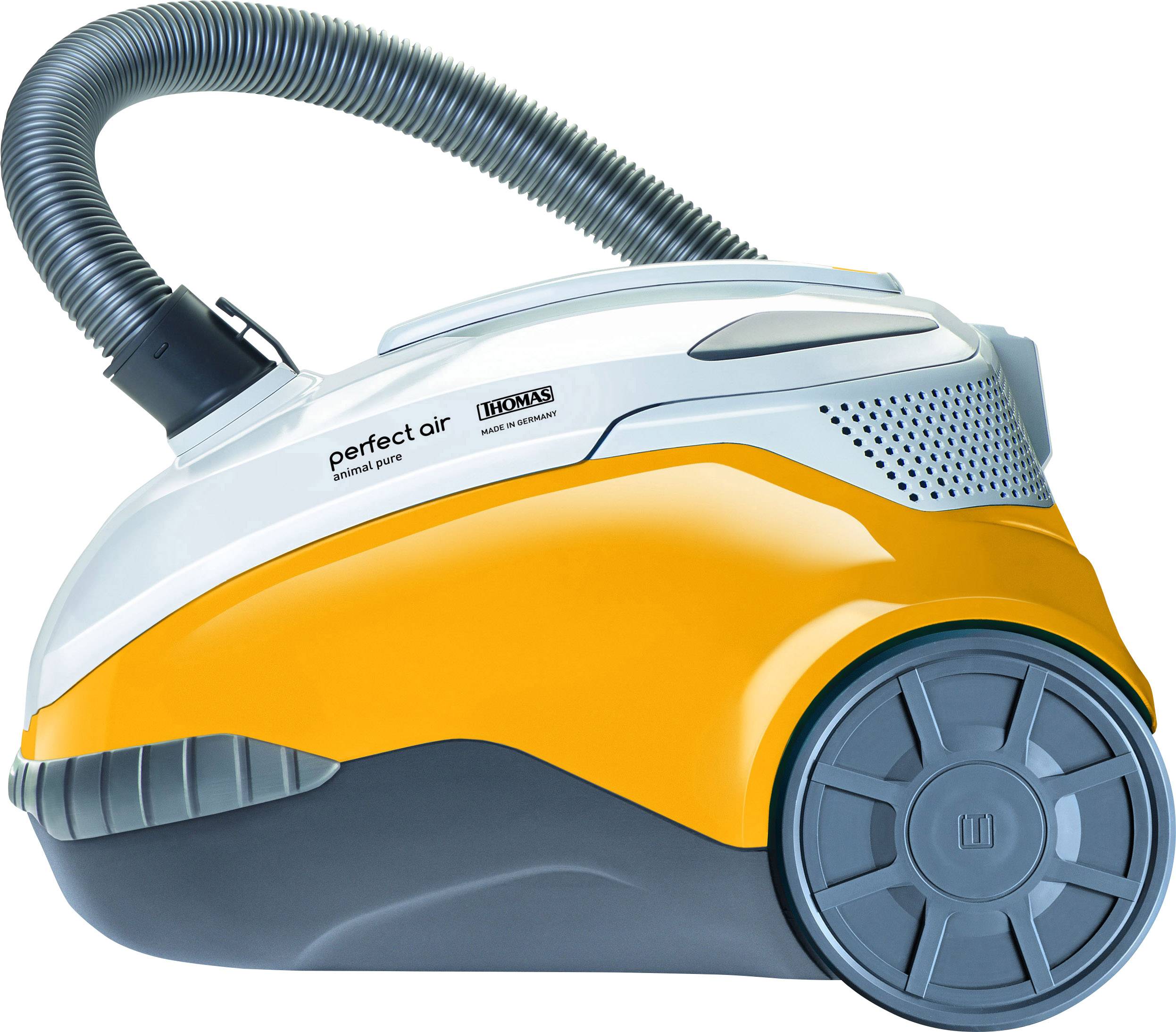 A yellow vacuum cleaner with a grey hose and large wheels, suitable for home use.