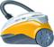 A yellow vacuum cleaner with a grey hose and large wheels, suitable for home use.