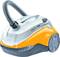 An orange vacuum cleaner with a grey hose and handle, suitable for household cleaning.