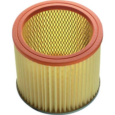 Air filter with a cylindrical shape, orange border and yellow, pleated filter element for vehicle engines.