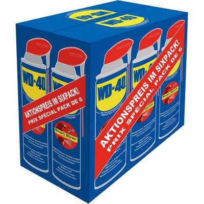 Cardboard display of six WD-40 spray cans with red spray nozzle, marked 'Special offer in six-pack'.