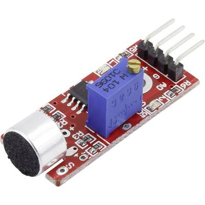 A red microphone module with a blue potentiometer, black chip and four metal pins. Ideal for Arduino projects and sound measurements.